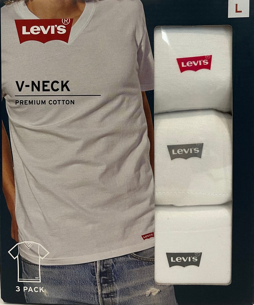 Levis 3-Pack Mens V-Neck Premium Cotton Logo T-Shirts Sizes: S, M, L White