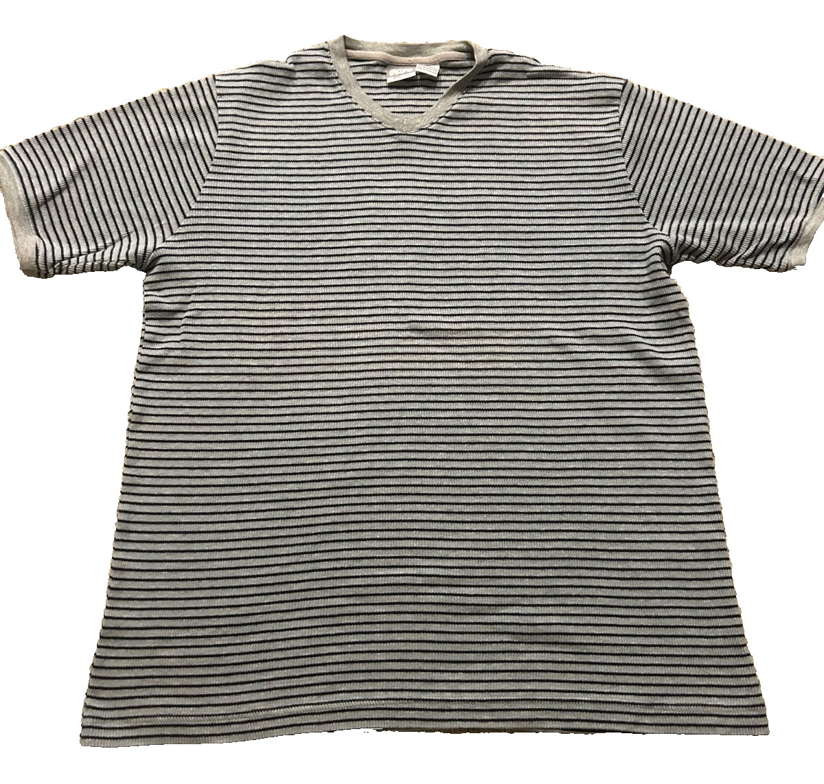Vintage Utility Wear Knit V Neck Mens Blue and Gray Striped Ribbed Shirt Sz L gallery