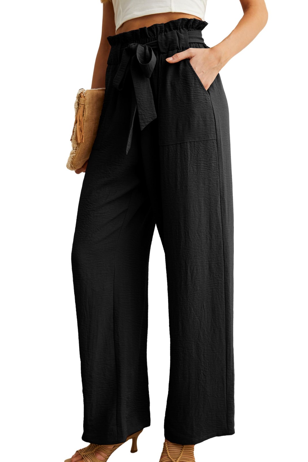 Women's Wide Leg Pants with Pockets High Waist Adjustable Knot Loose Casual T... gallery