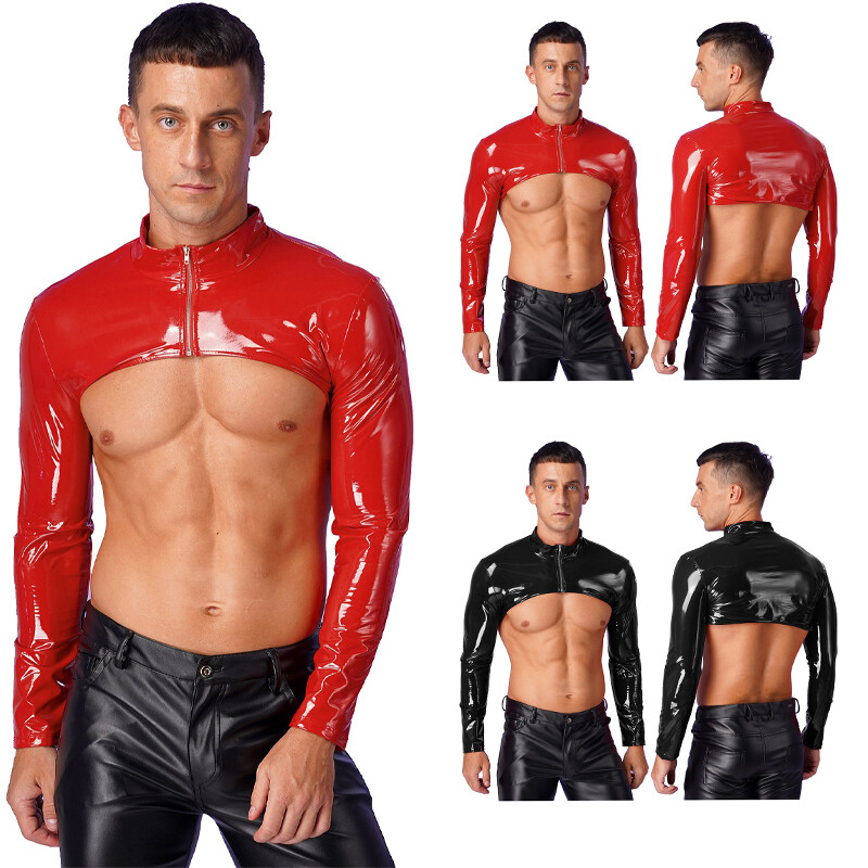 US Mens Shrug Stand Collar Clubwear Long Sleeve Crop Top Patent Leather Slim Top gallery