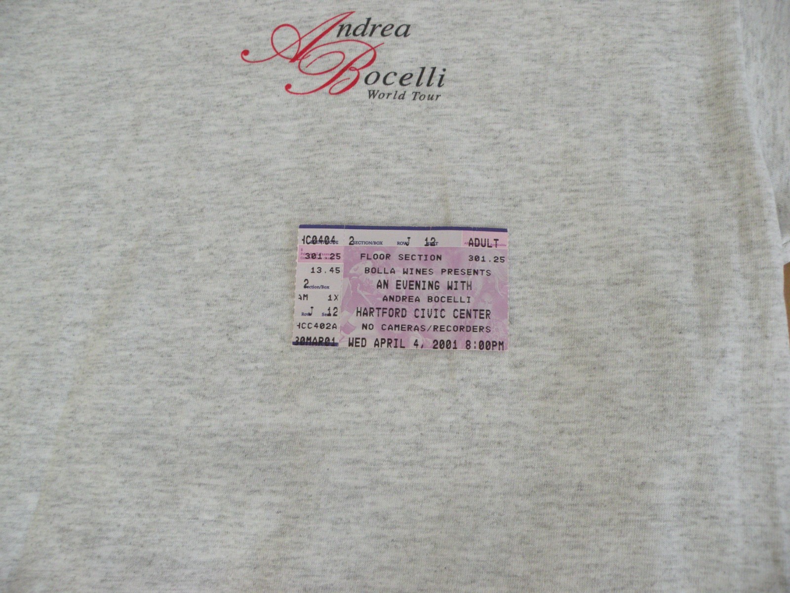 Andrea Bocelli Vintage 2001 World Tour Concert T-Shirt with Program and Ticket gallery