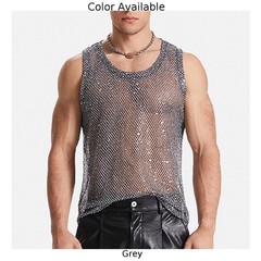Glitter Sheer See Through Fishnet Tank Top For Men Sexy Mesh Vest Grey