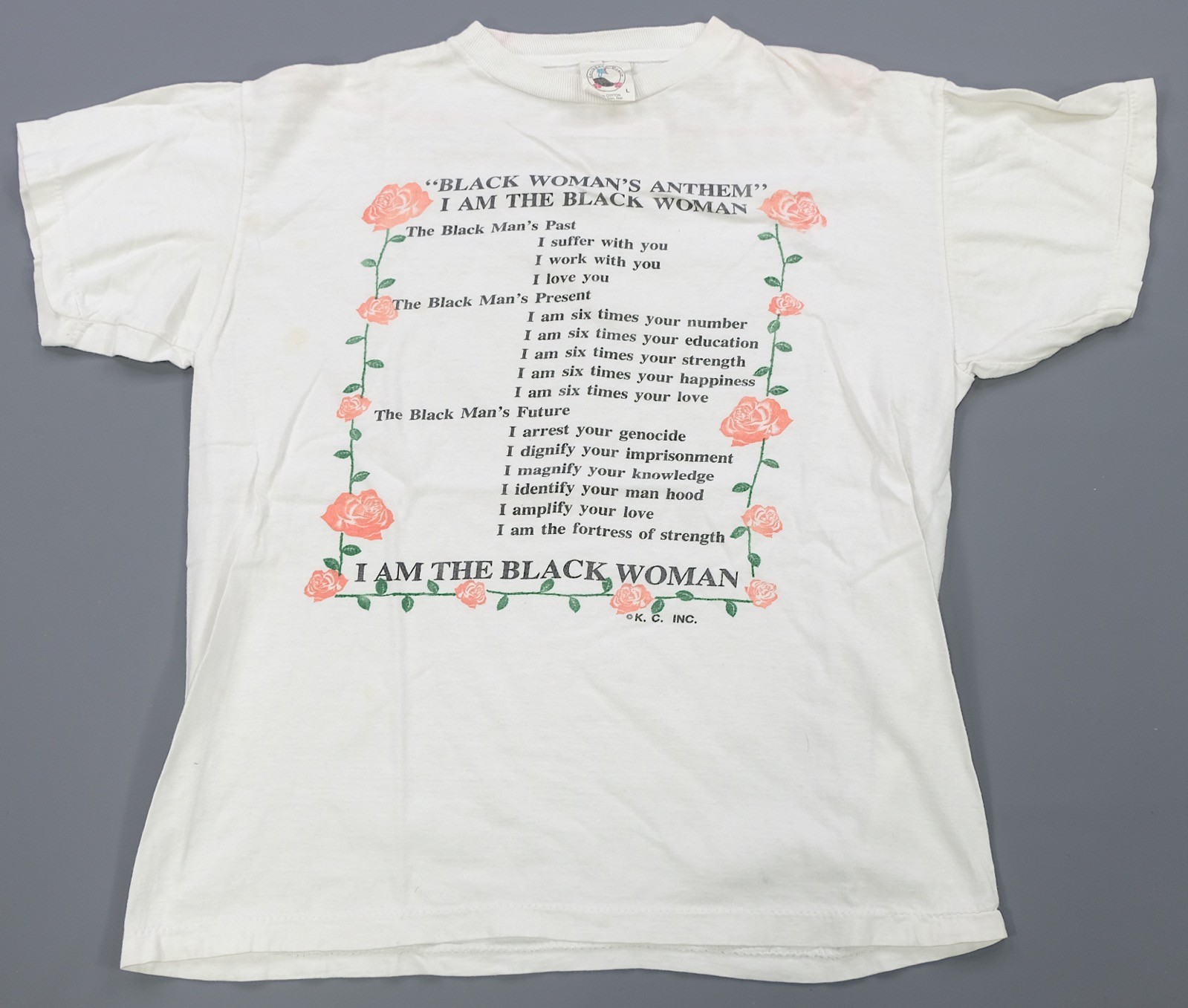 Rare VTG CARIBBEAN DREAM Black Woman Anthem Roses Graphic T Shirt 90s White SZ L