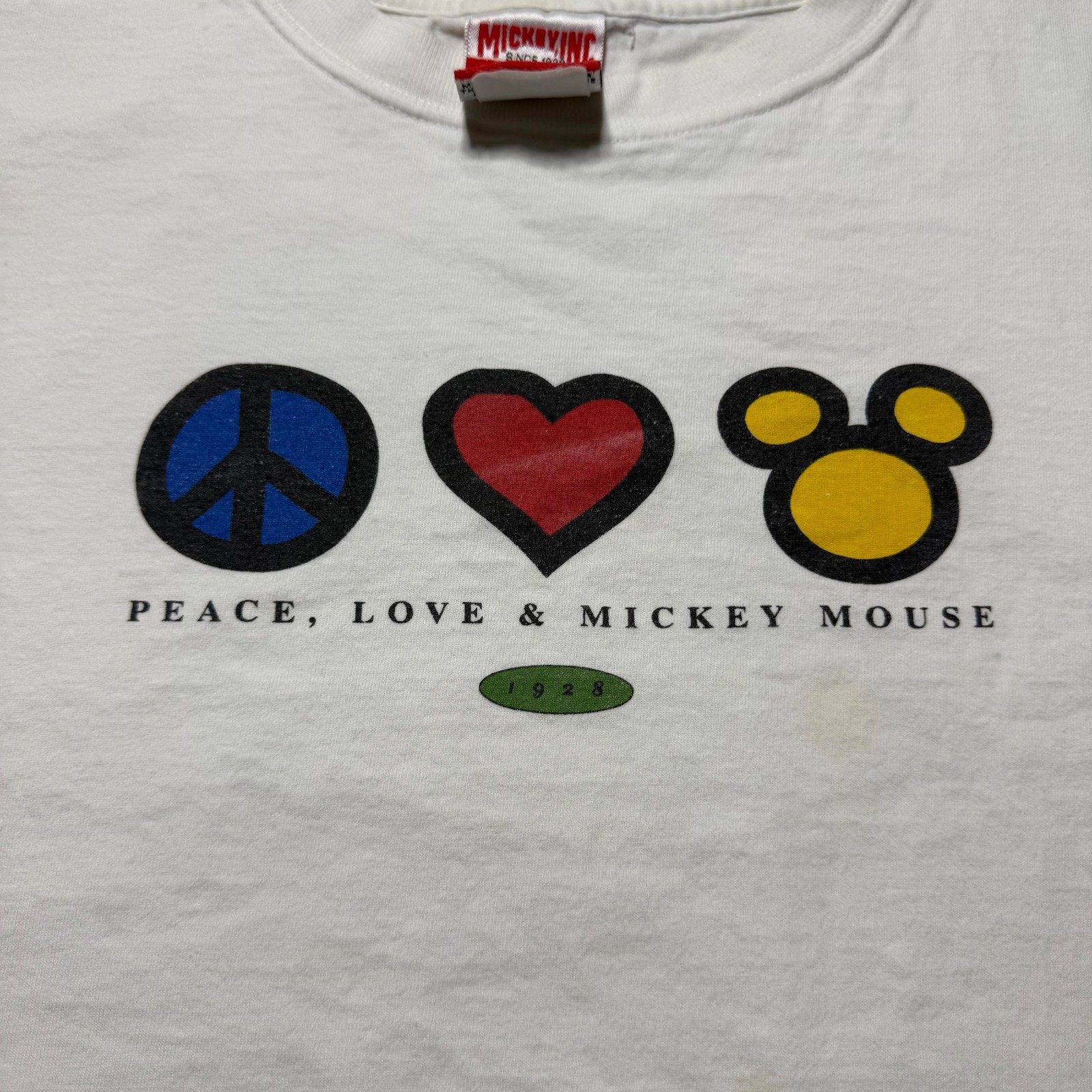 Vintage 90s Disney Peace Love & Mickey Mouse 1928 Graphic Cartoon T-Shirt USA XL gallery