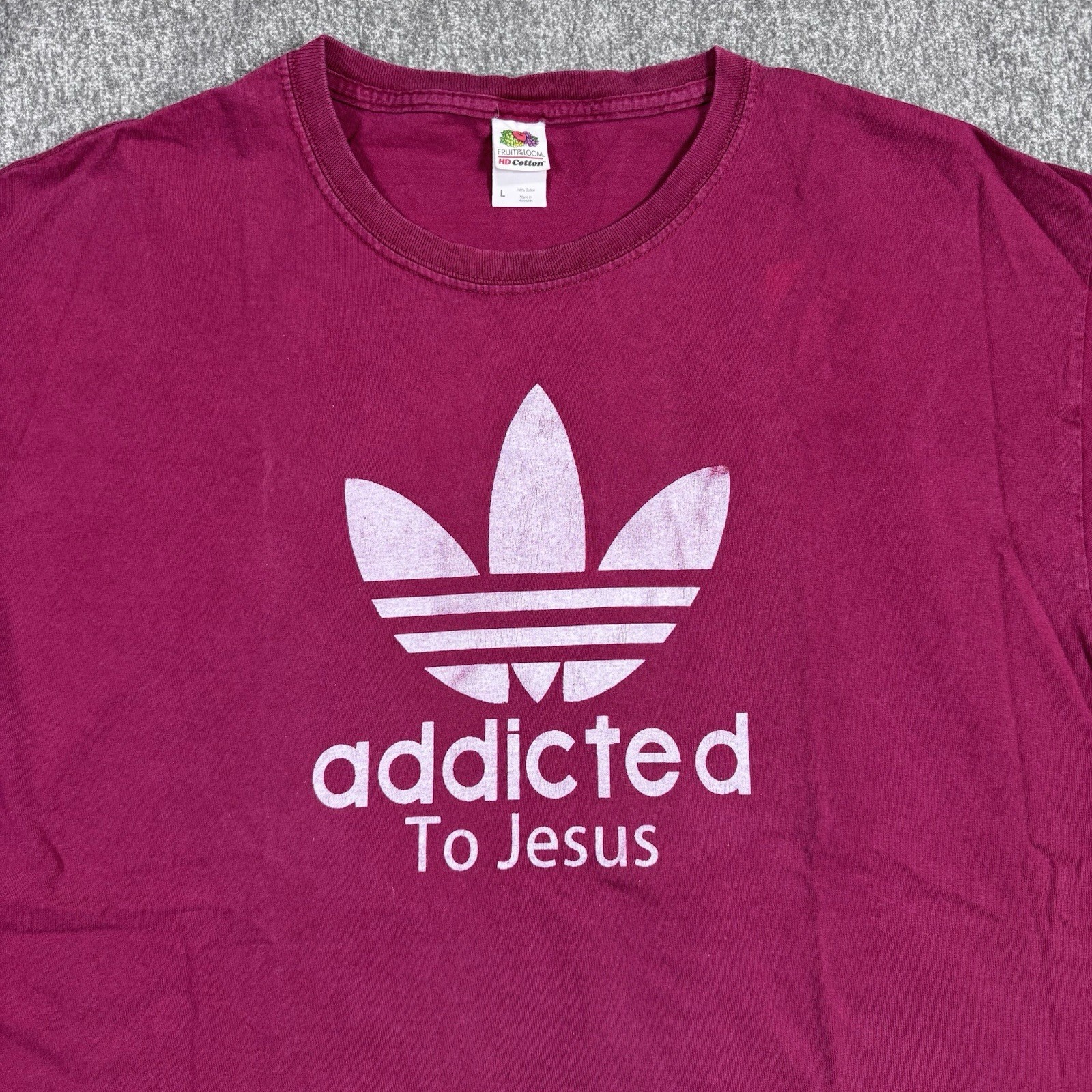 Addicted To Jesus Christian Parody Shirt Men’s Large Maroon Trefoil Adidas Logo gallery