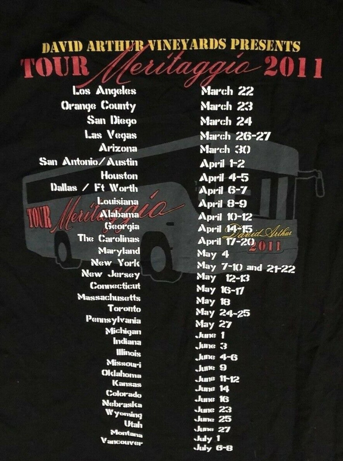 David Arthur Vineyards Wine Backstage Pass 2011 Meritaggio Tour T-Shirt Medium gallery