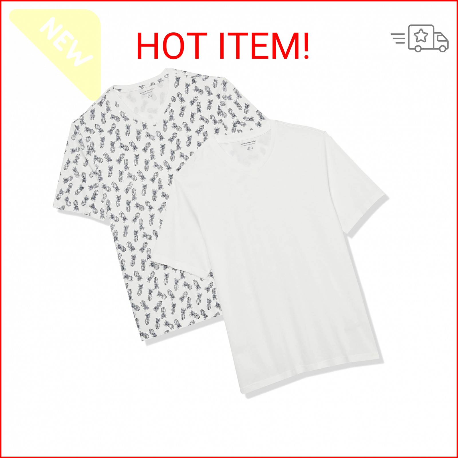 Amazon Essentials Men’s V-Neck Short-Sleeve T-Shirts, Pack of 2, White/Pineapple