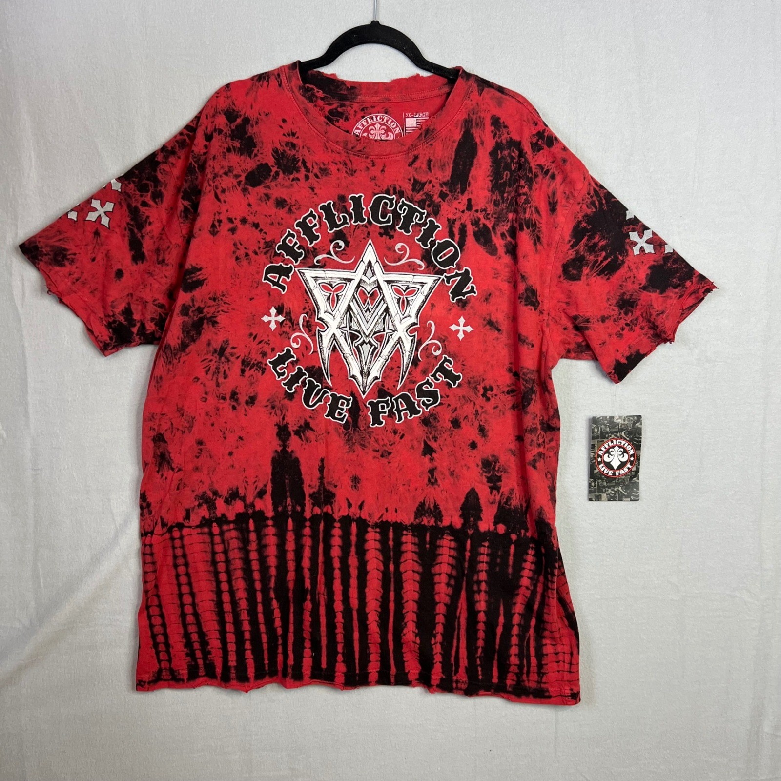 Affliction T-Shirt Mens Sz 3XL Red Black Live Fast Tie Dye Distress Graphic NWT gallery