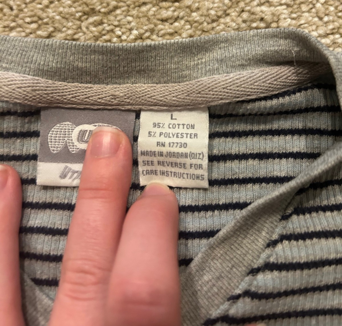 Vintage Utility Wear Knit V Neck Mens Blue and Gray Striped Ribbed Shirt Sz L gallery