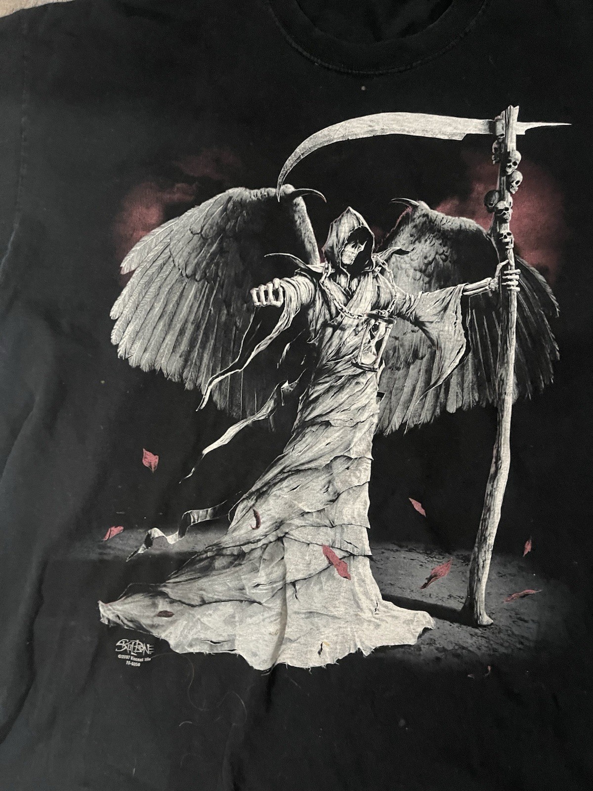 RARE Vintage 2000s Skulbone Men’s 2XL Black Grim Reaper Graphic Print T-Shirt gallery