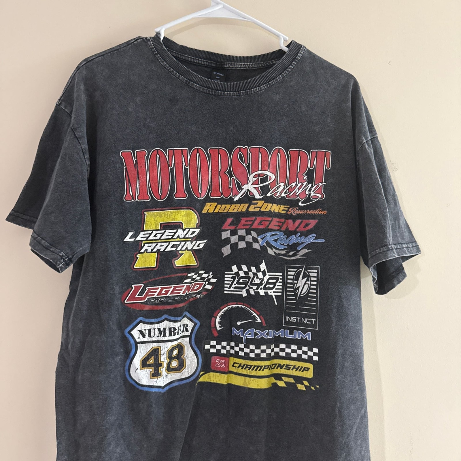 Vintage Style Motorsport Racing Graphic T-Shirt, Acid Wash Black, Size M gallery