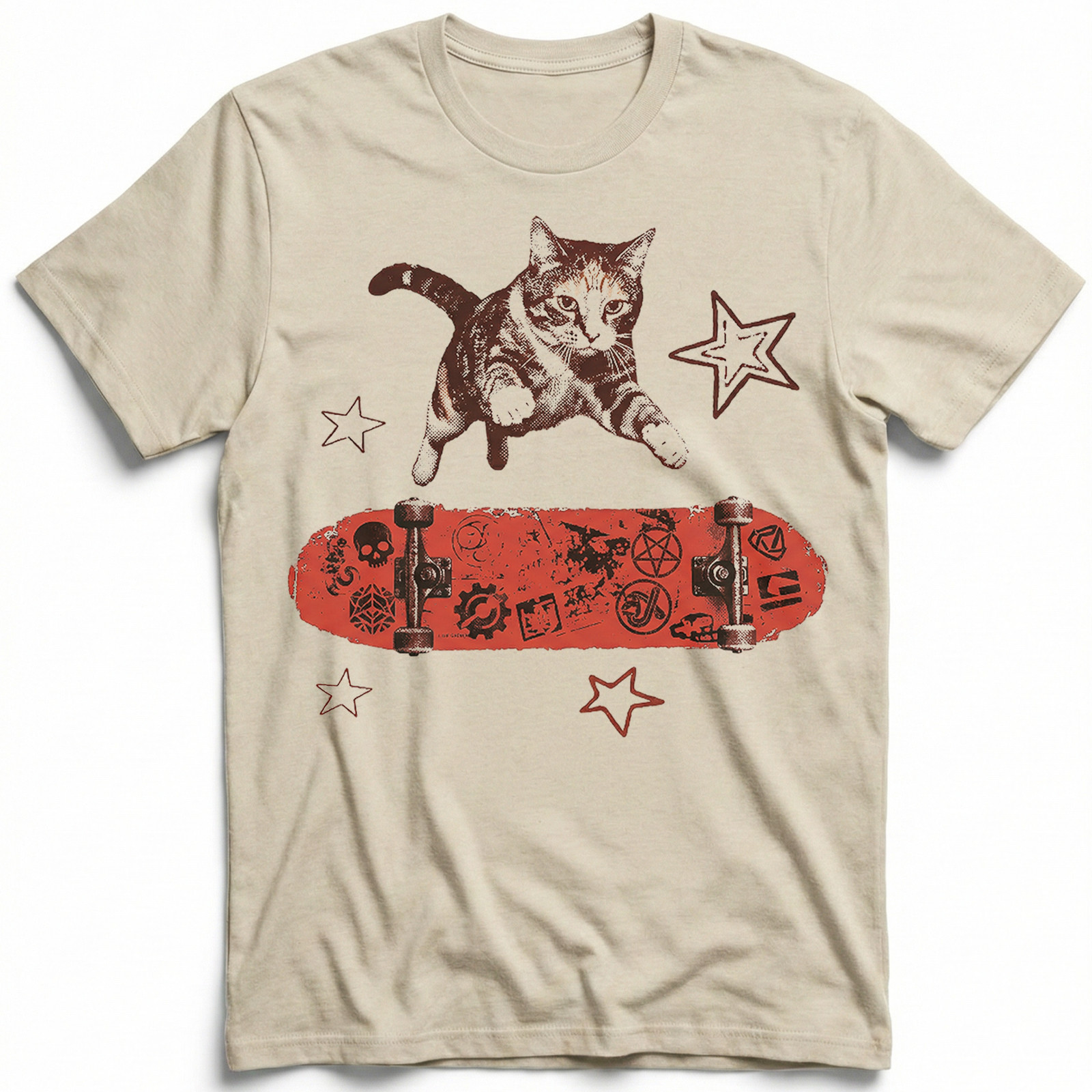 Red Skater Cat Symbols Skateboard T-Shirt Retro Punk Skull Streetwear Kitty Tee gallery