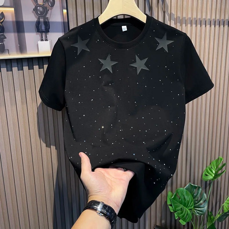 New Men Luxury Diamond Stars Rhinestones Fashion Black T-Shirt High Quality gallery