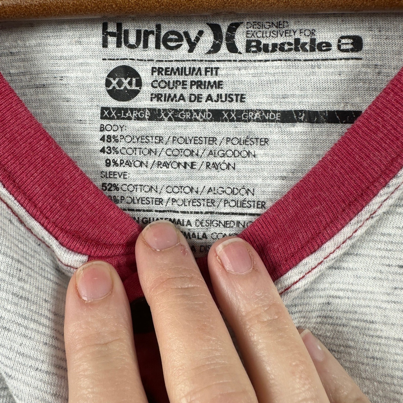 Hurley Buckle Henley Mens XXL 3/4 Sleeve Shirt Grey Red Raglan Premium Fit gallery
