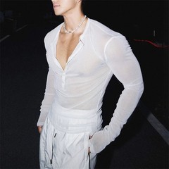 Mens Glitter Shirt Top See Through Lace T-Shirt Sheer Mesh Undershirts