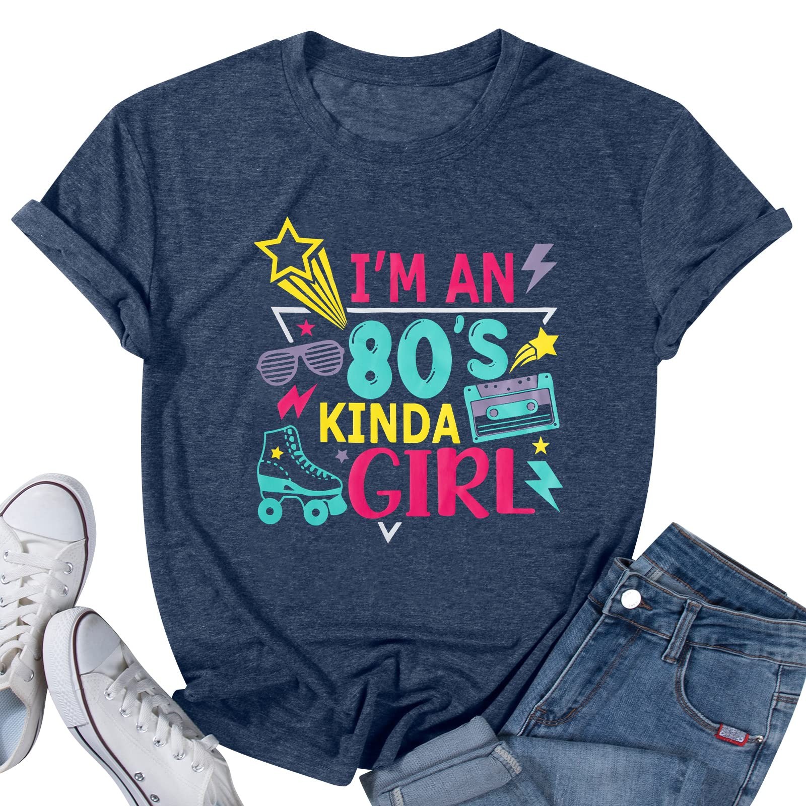 Vintage 80's Women's I'm an 80's Girl Graphic Tee Short Sleeve Top, Dark Blue, S gallery