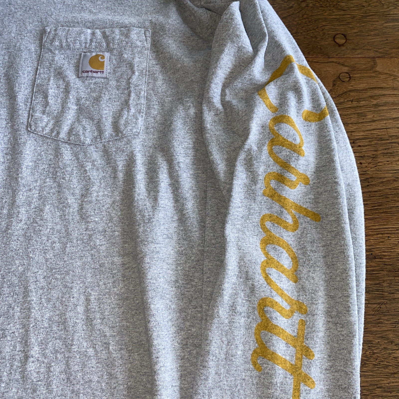 CARHARTT Shirt Mens 2XL XXL Gray Gold WORK WEAR Long Sleeve Pocket Tee Dog EUC gallery