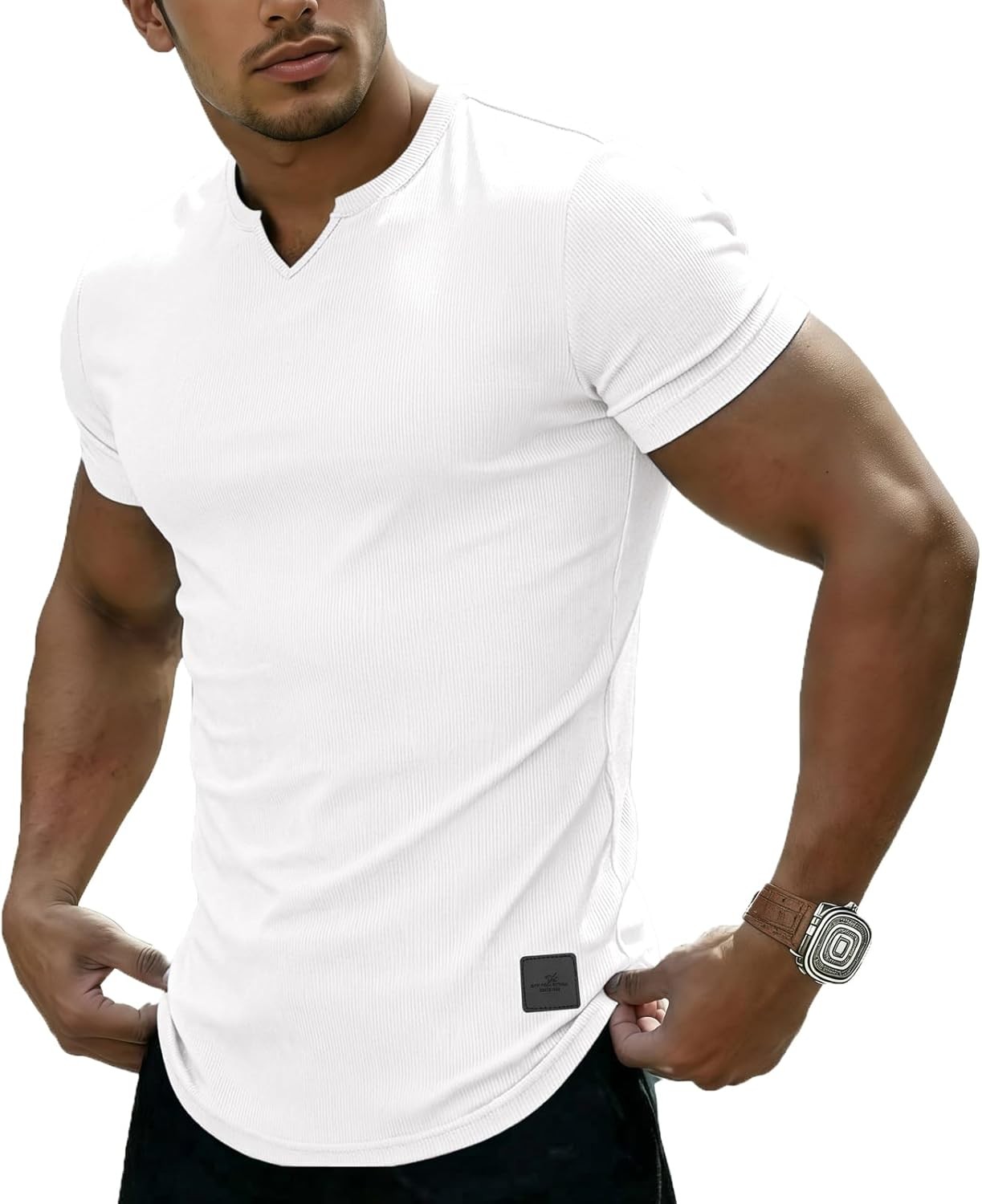 Muscle Fit V Neck T Shirt Men Casual Ribbed Short Sleeve Longline Henley S gallery
