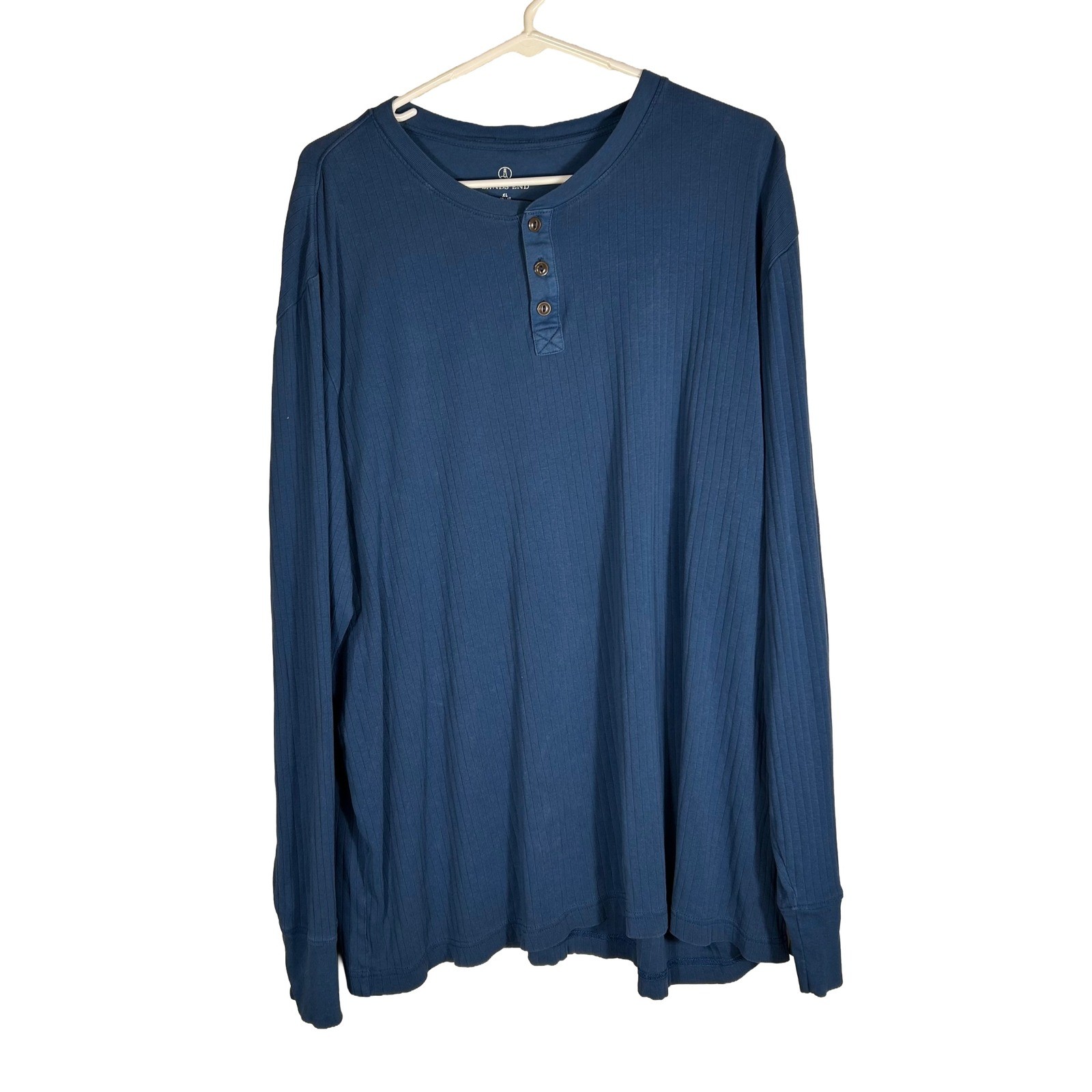 Lands End Mens XL Blue Ribbed Long Sleeve Henley Shirt 100% Cotton Casual Top