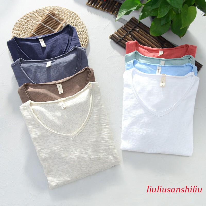 Men Cotton Short Sleeve T-shirt V-neck Sports Casual Tops Summer Thin Slim Plain gallery