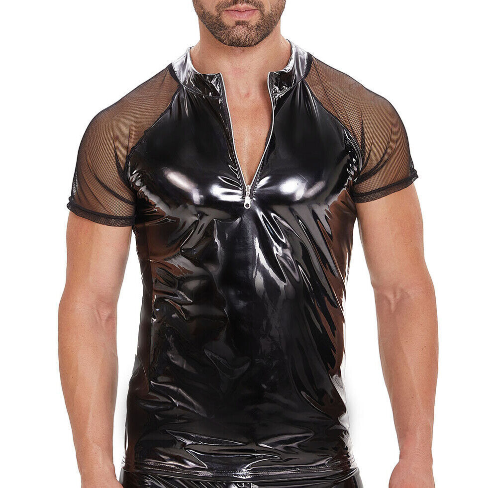 Mens Wet Look PVC Leather T-Shirts Sheer Mesh Short Sleeves Shirt Tops Clubwear gallery