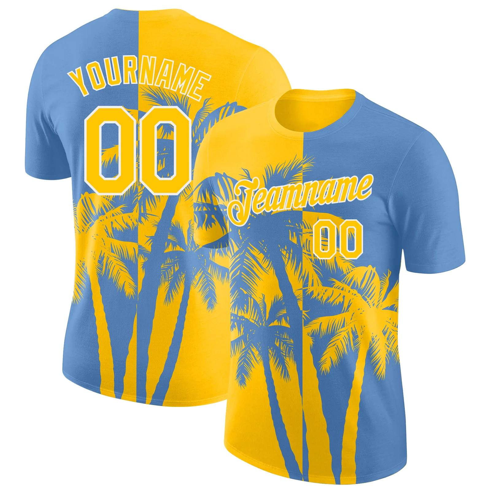 Custom Light Blue Yellow White Hawaii Palm Tree T-Shirt Tropical Summer Gift