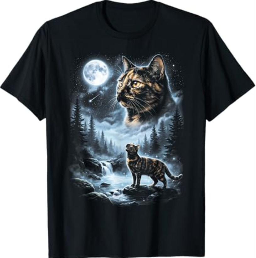Tortoiseshell Cat Howling at Moon 90's Retro T-Shirt gallery
