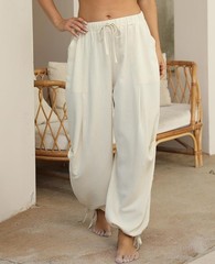 Womens High-Waisted Linen Pants – Beige Wide Leg Palazzo Summer Pants, Lightw…