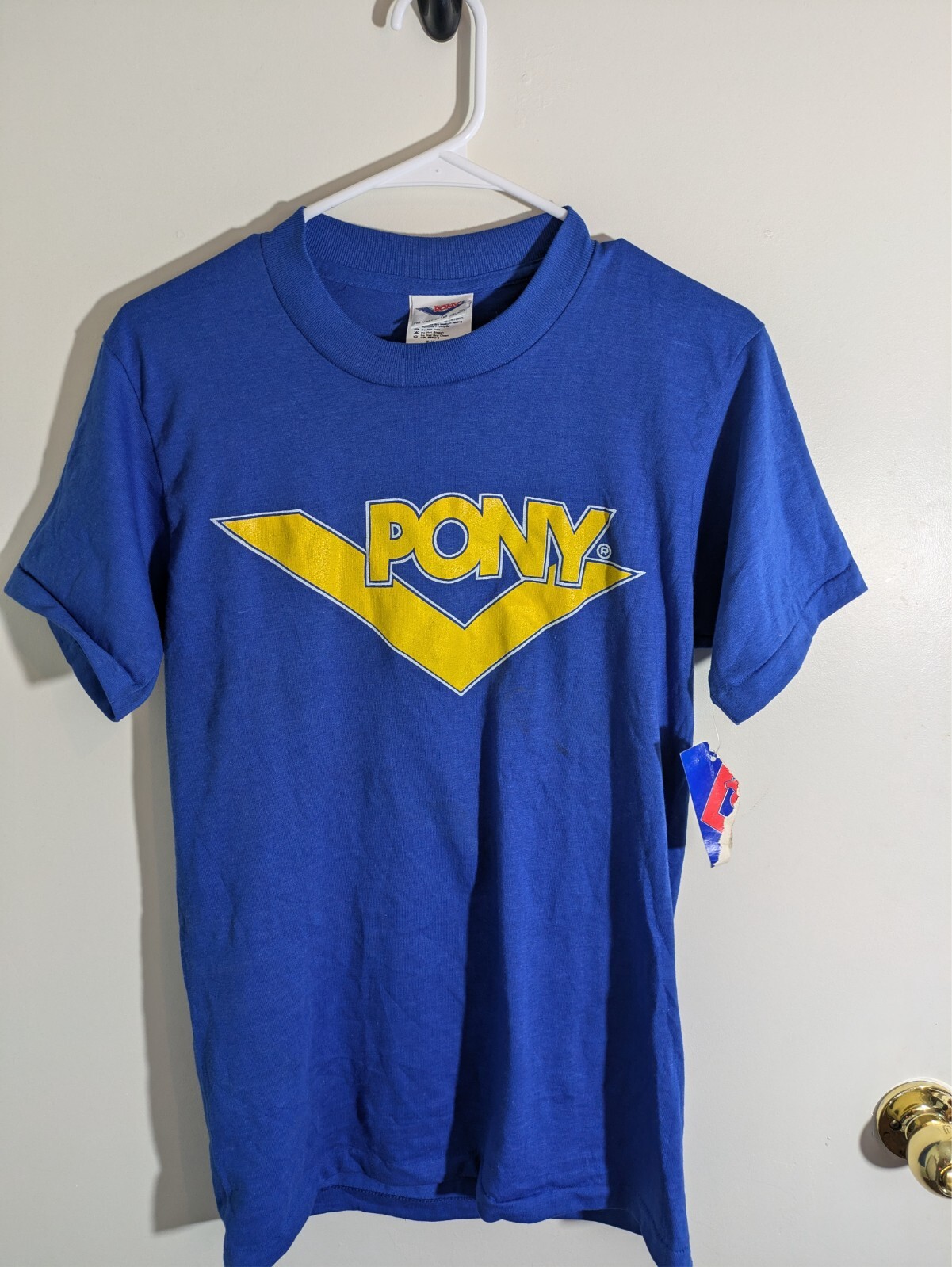 Vintage PONY Mark of the Chevron T-Shirt Medium Blue Yellow deadstock NWT 90s gallery