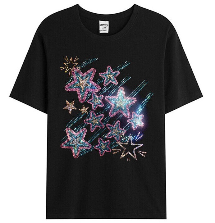 New Men Luxury Diamond Stars Rhinestones Fashion Black T-Shirt High Quality