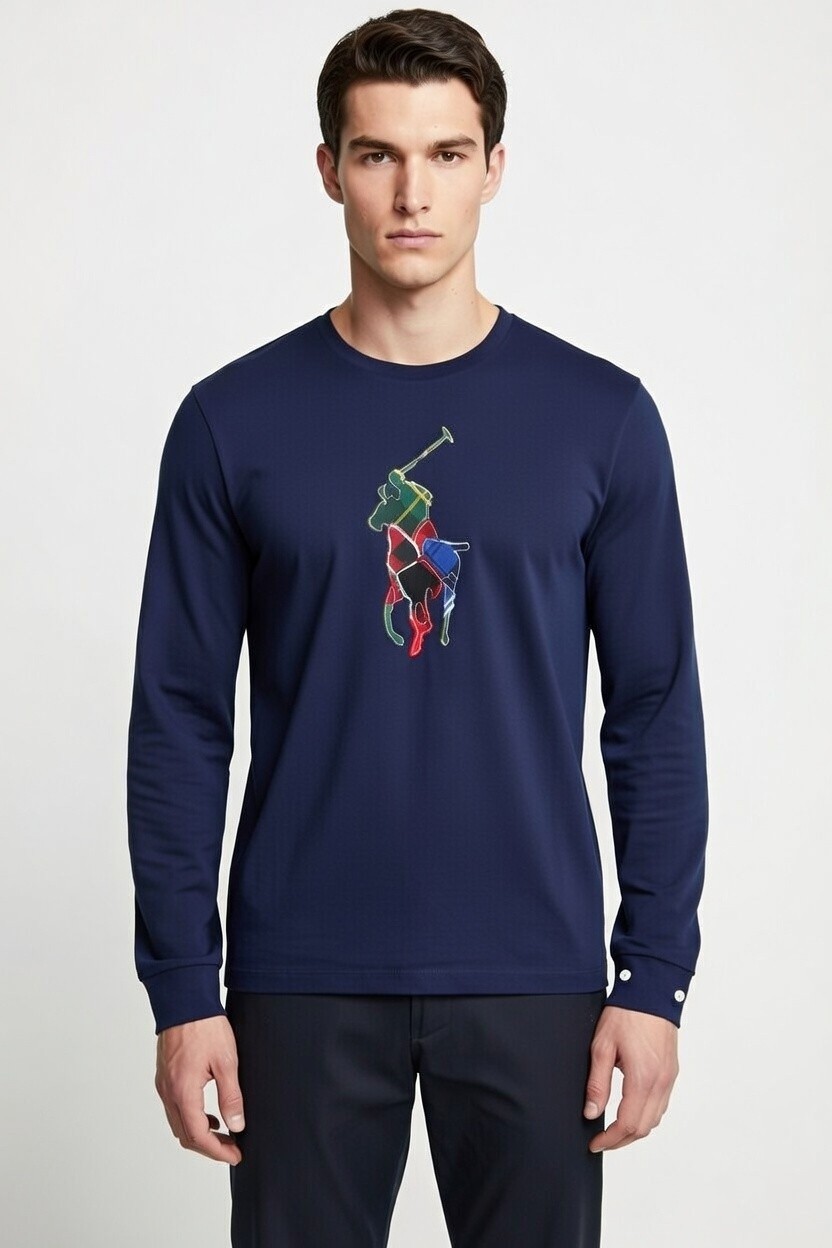 Polo Ralph Lauren Men’s Long Sleeve Plaid Patchwork Big PONY Shirt Navy 3LT