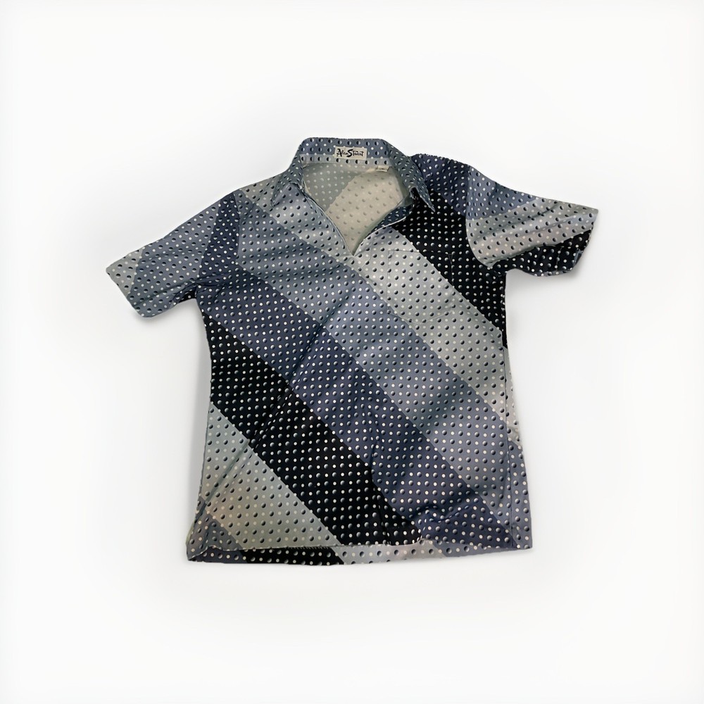 Alan Stuart VTG Size Medium Abstract Shirt Blue Polka Dot V-Neck Collar Pullover