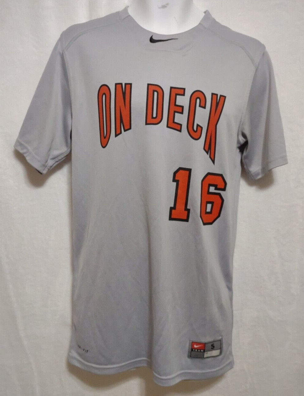 Baseball Jersey Shirt Size Small Nike On Deck 16 Gray with Orange Font Nike Logo gallery