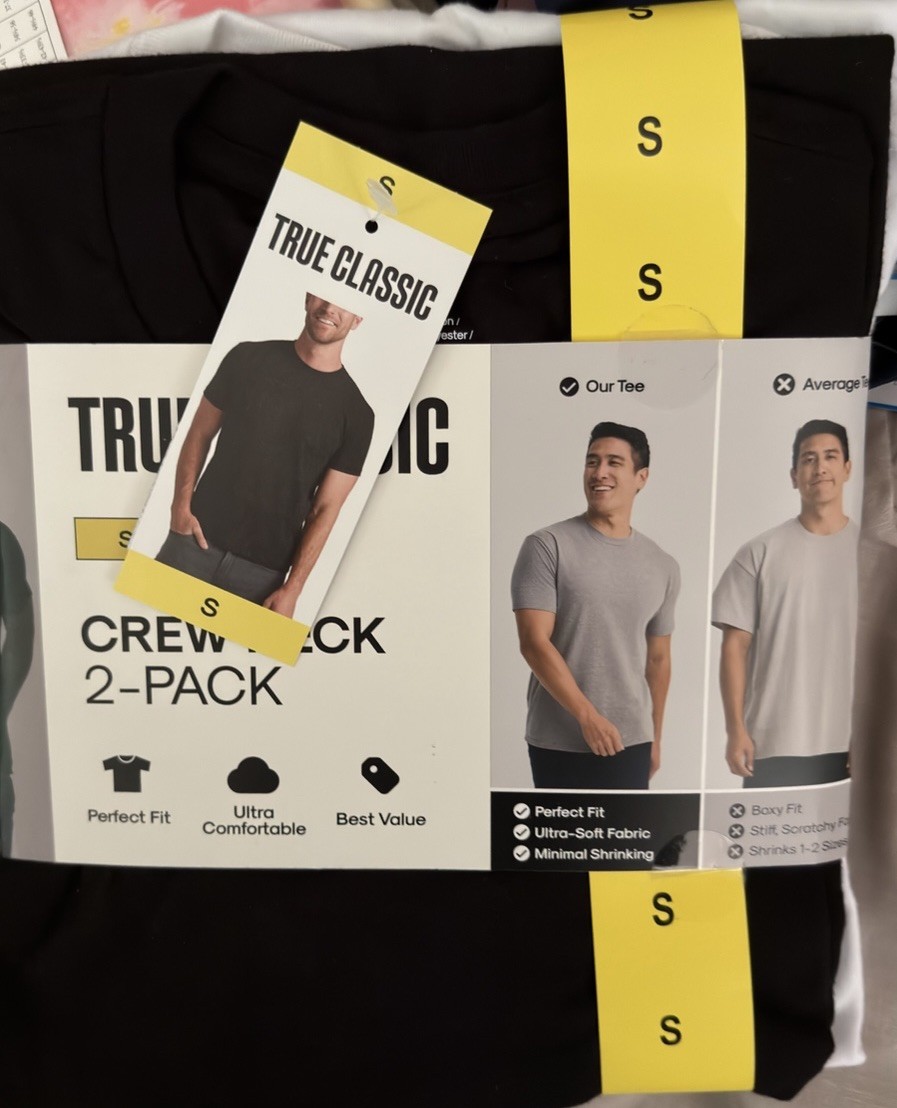 TRUE CLASSIC Mens Crew Neck Perfect Fit T-Shirt 2-Pack Black White Size S NWT gallery