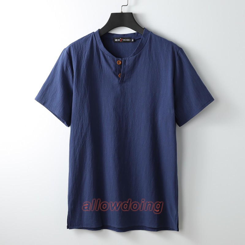 Men's Stand-up Collar Short Sleeve Cotton Hemp Summer T-shirt Loose Linen V-neck gallery