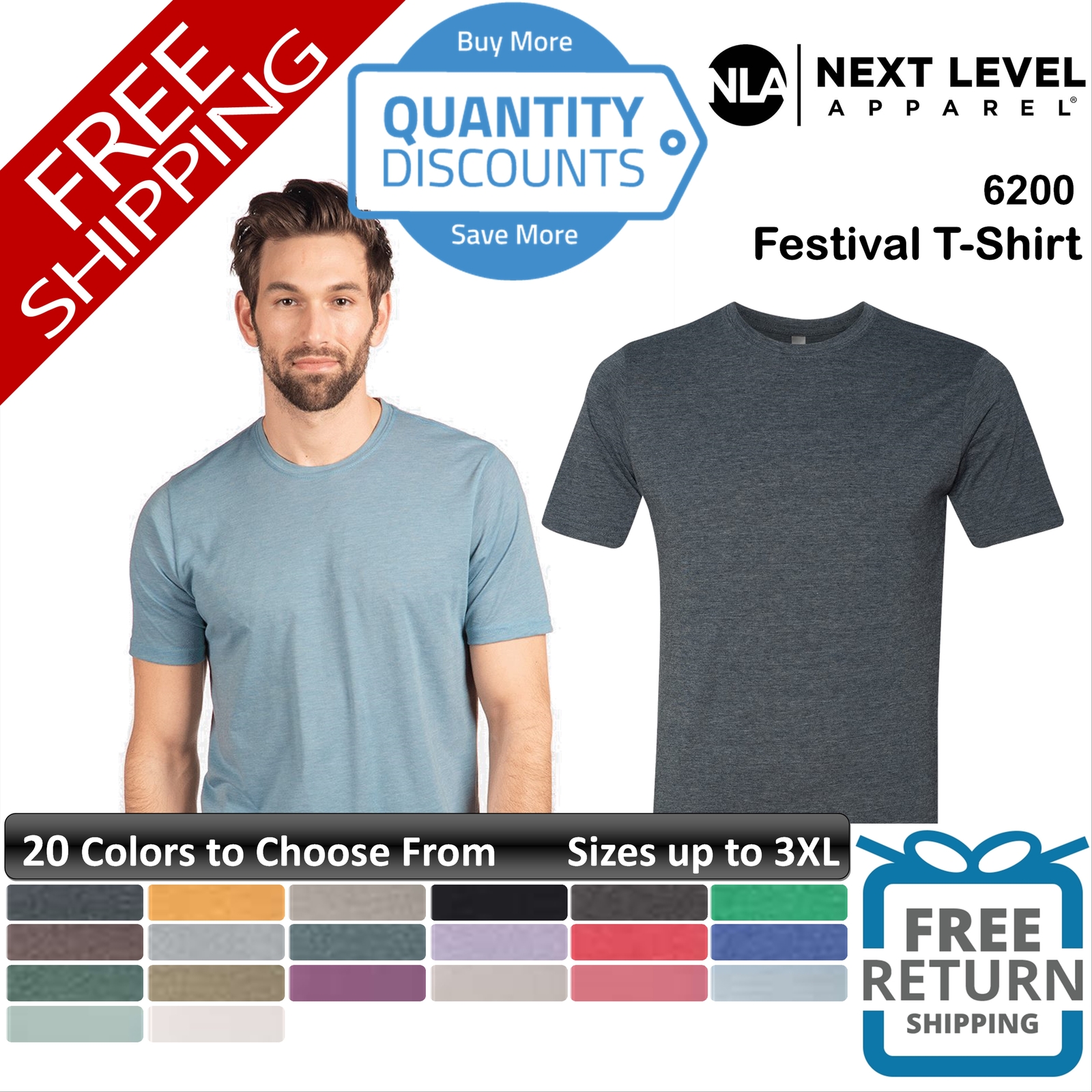 Next Level Men Festival Fabric Laundered Ring-spun Blend T-shirt Up To 3XL 6200 gallery