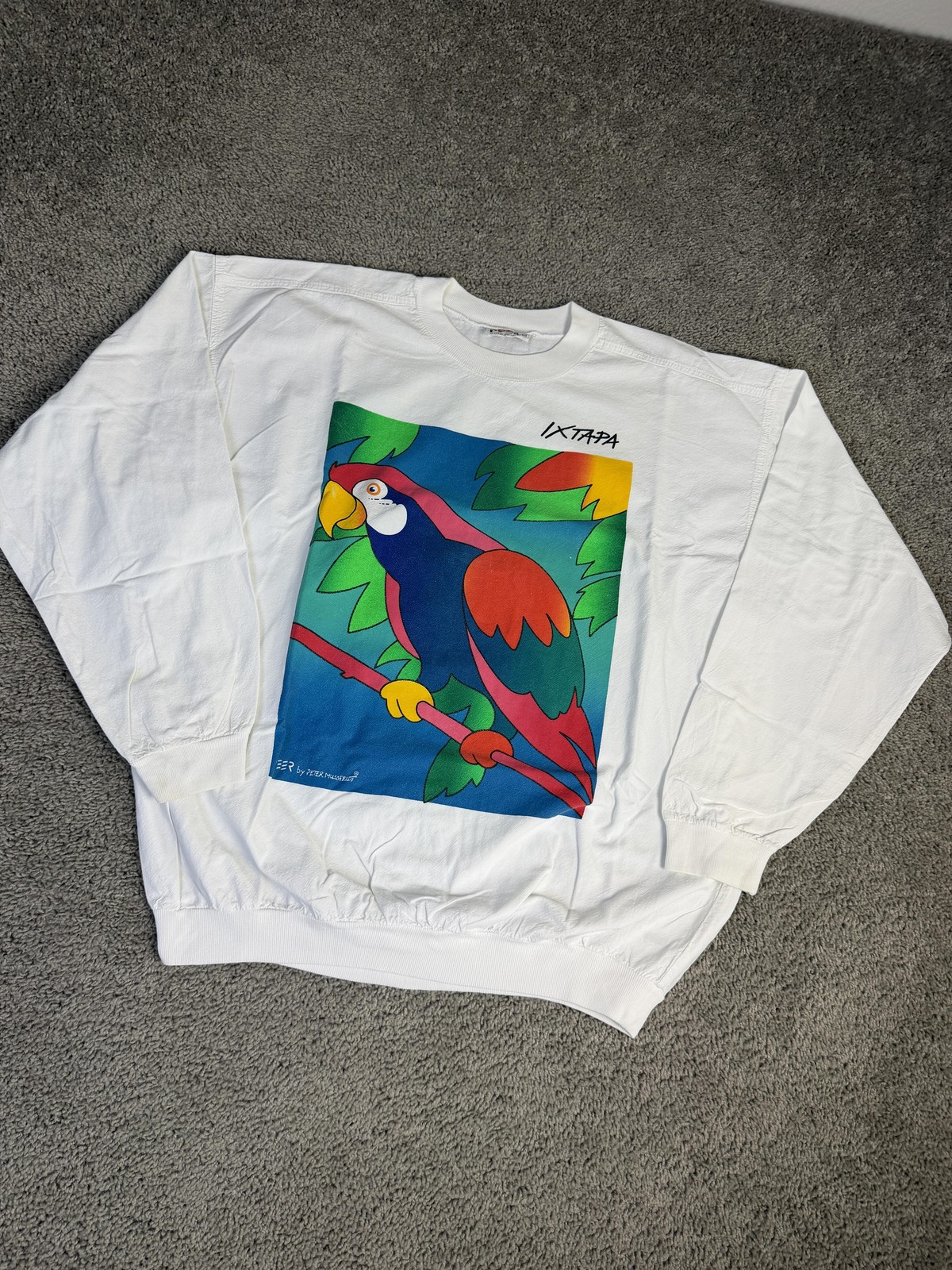 Vintage PEER By PETER MUSSFELDT Shirt Mens XL White Parrot Graphic Crew Neck gallery