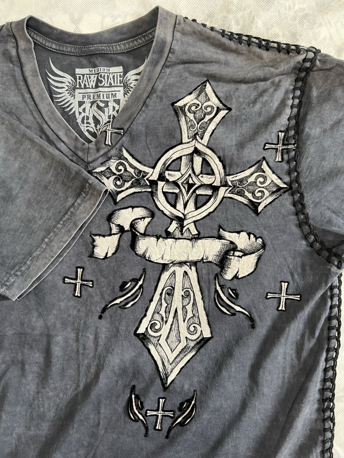 Raw State Shirt Sz M Gray Cross Angel Wings Royalty Stitch Premium Y2K Goth VTG gallery