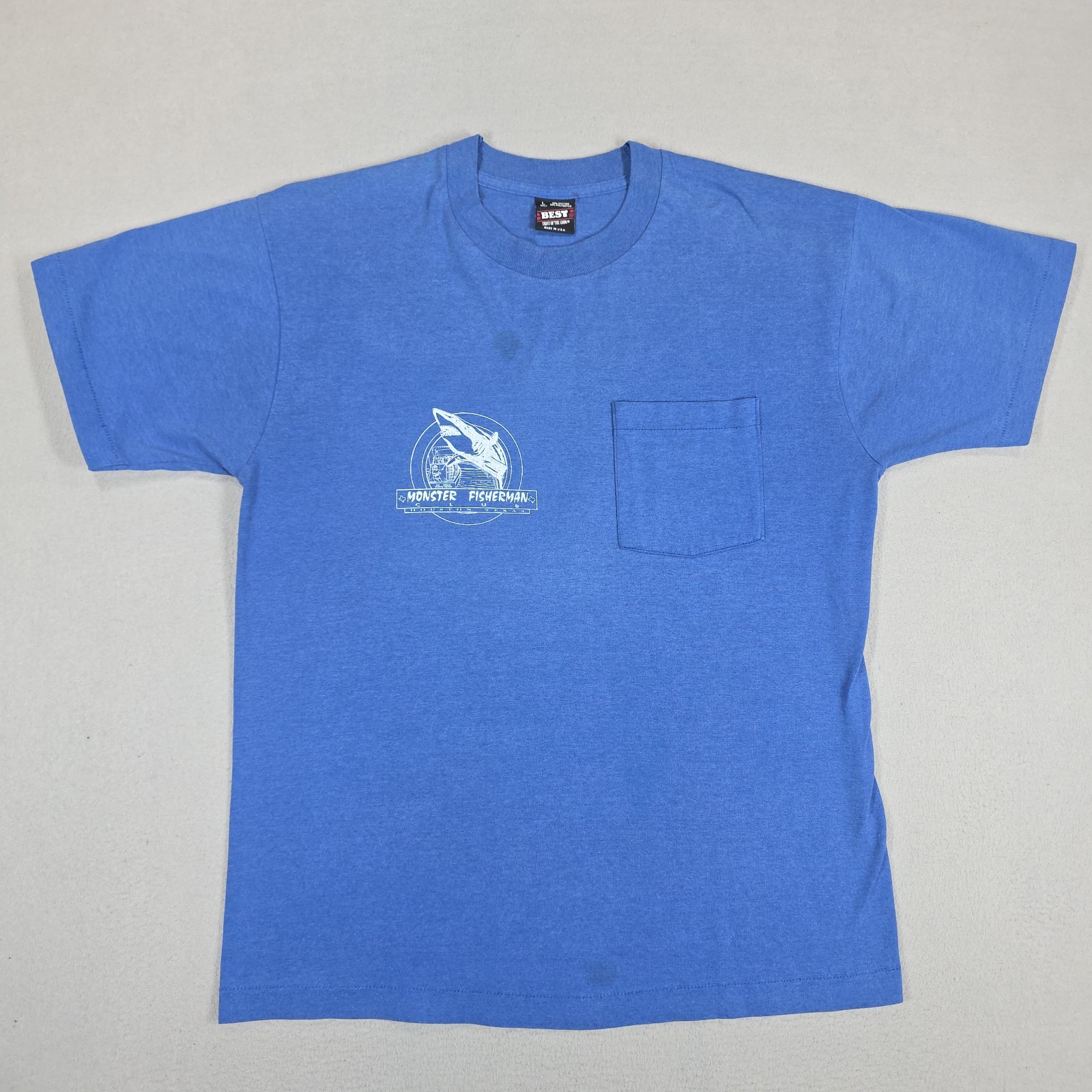 Vintage Monster Fisherman Shirt Mens Large Blue Huston Texas Club Shark Jaws gallery