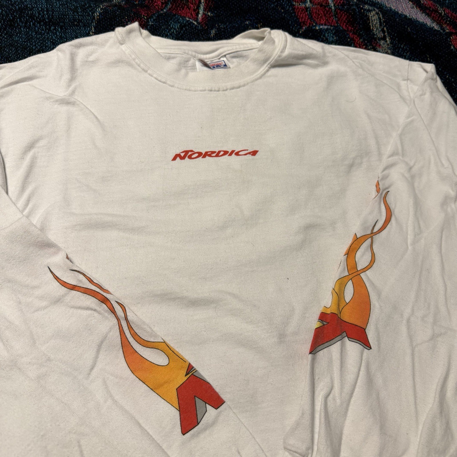 Vintage 90s Nordica Flame Long Sleeve White Shirt Men’s L Ice Ski Skate Surf