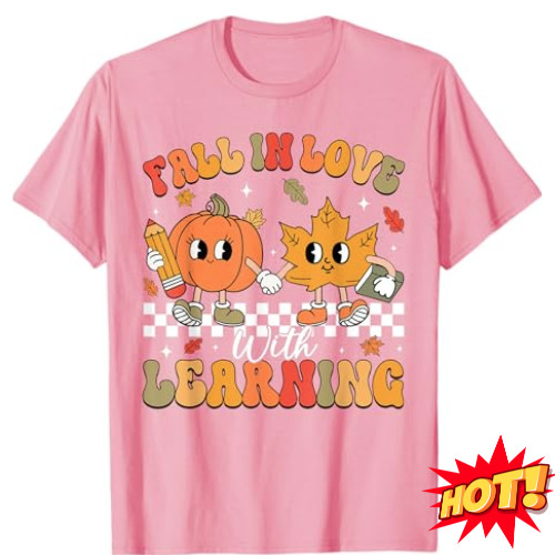 Retro Fall In Love With Learning Autumn Pumpkin Teacher T-Shirt,Multicolor,S-2XL gallery