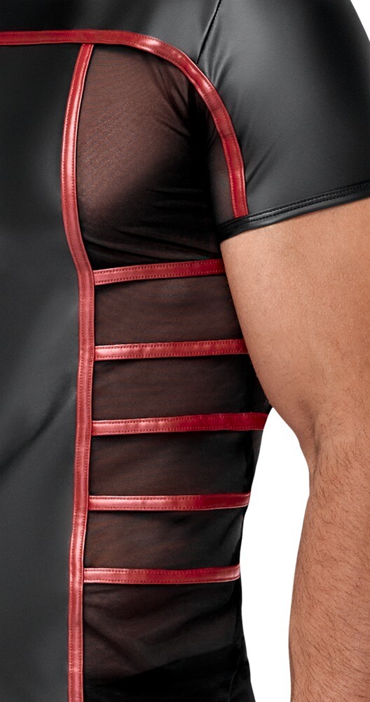 Mens Shirt With Red Stripes In Black Wet Look With Mesh Inserts At The Sides gallery