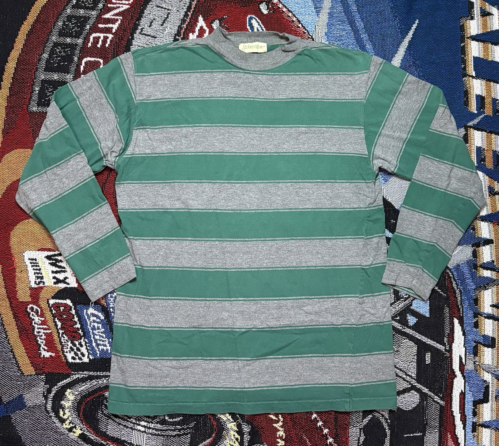 Vintage St Johns Bay Shirt Striped Green Gray Long Sleeve Medium Y2K Grunge