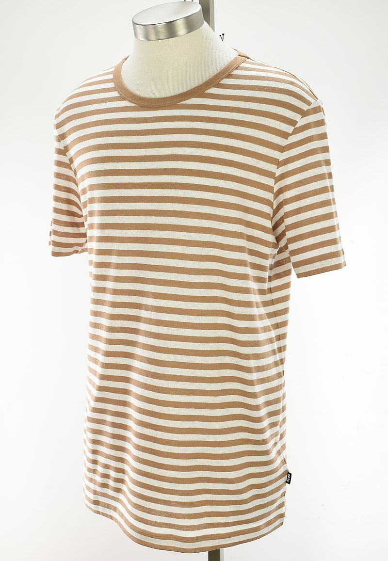 HUGO BOSS Camel White Striped TIBURT Cotton Linen Crew Neck T Shirt LARGE NWT