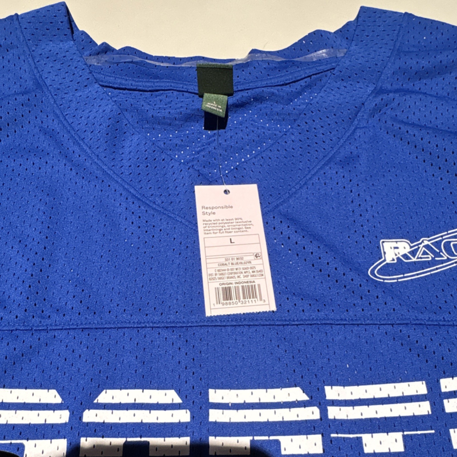 RACER Blue White Mesh Graphic Print Men's V-Neck Short Sleeve T-Shirt Size L gallery