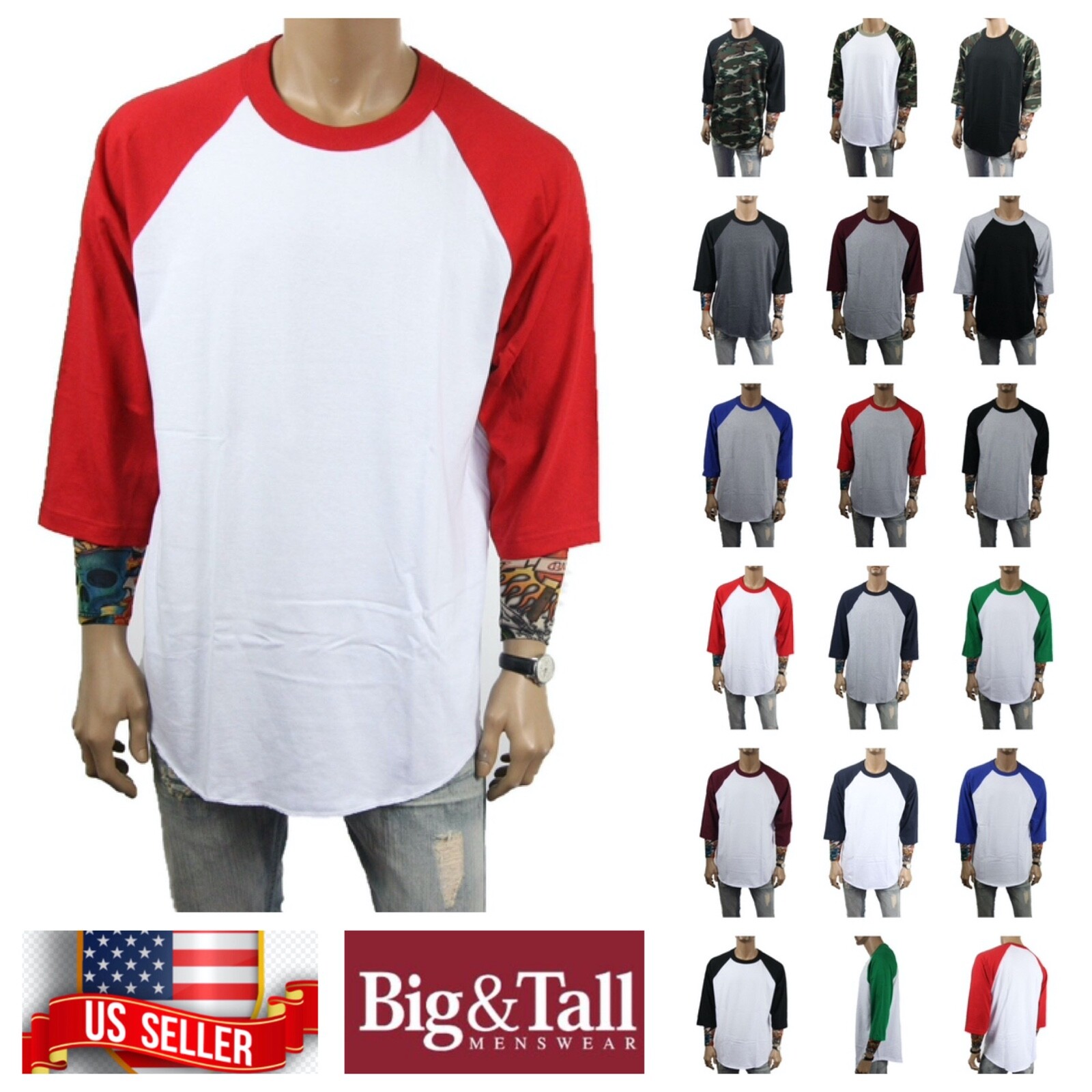 Men S-3XL Baseball Plain T-Shirt Lot 3/4 Sleeve Raglan Crew Neck Sports Jersey gallery