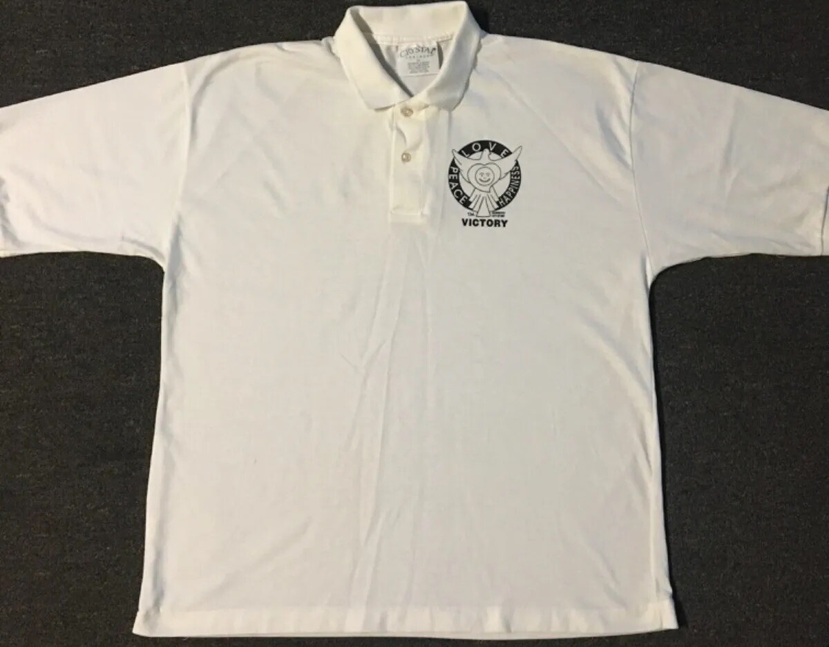 Vtg 90s Peace Love Happiness Polo Shirt XL Kindness Friendship Heart Grunge 80s