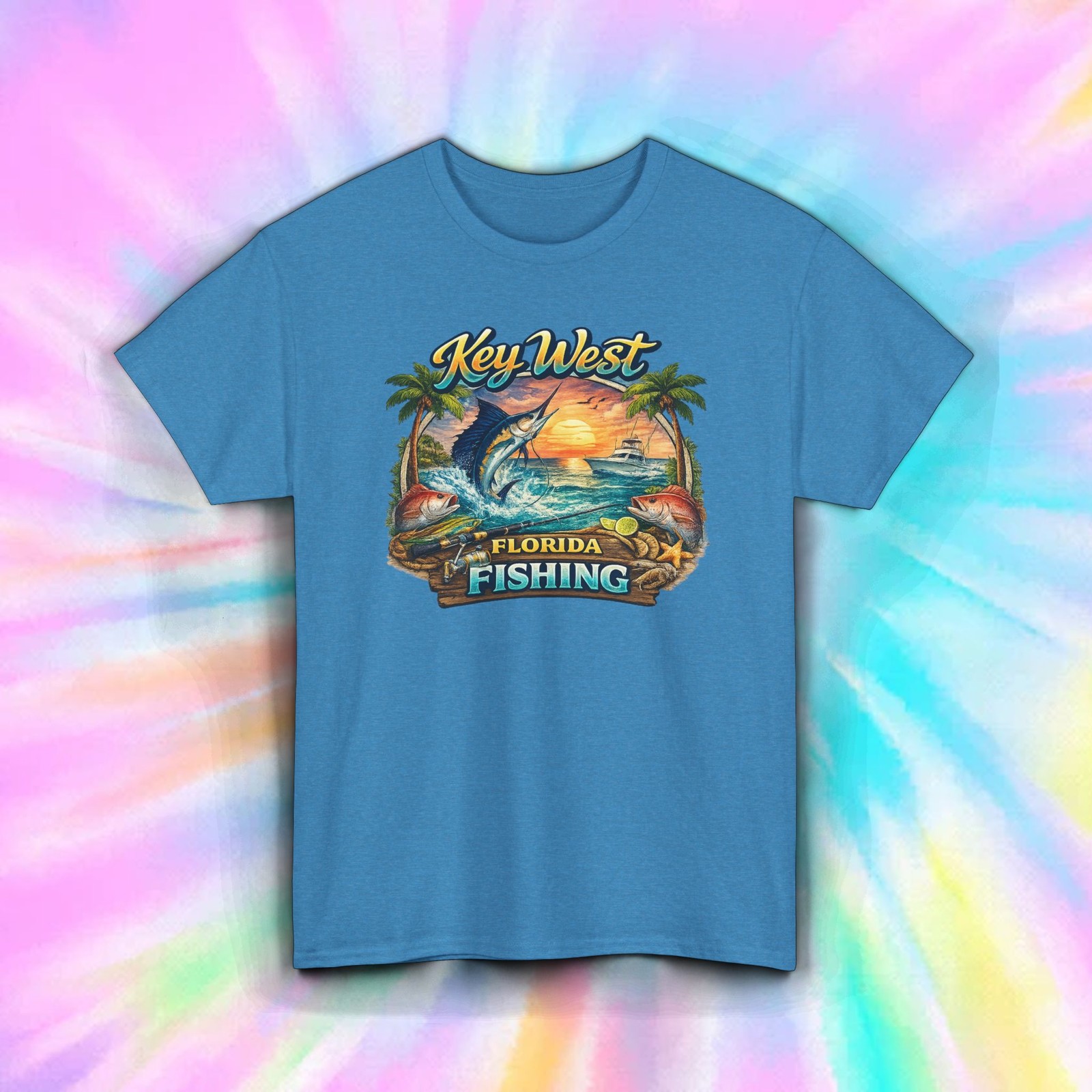 Key West Florida Fishing Shirt Vintage Deep Sea Fisherman Graphic Tee S-5XL