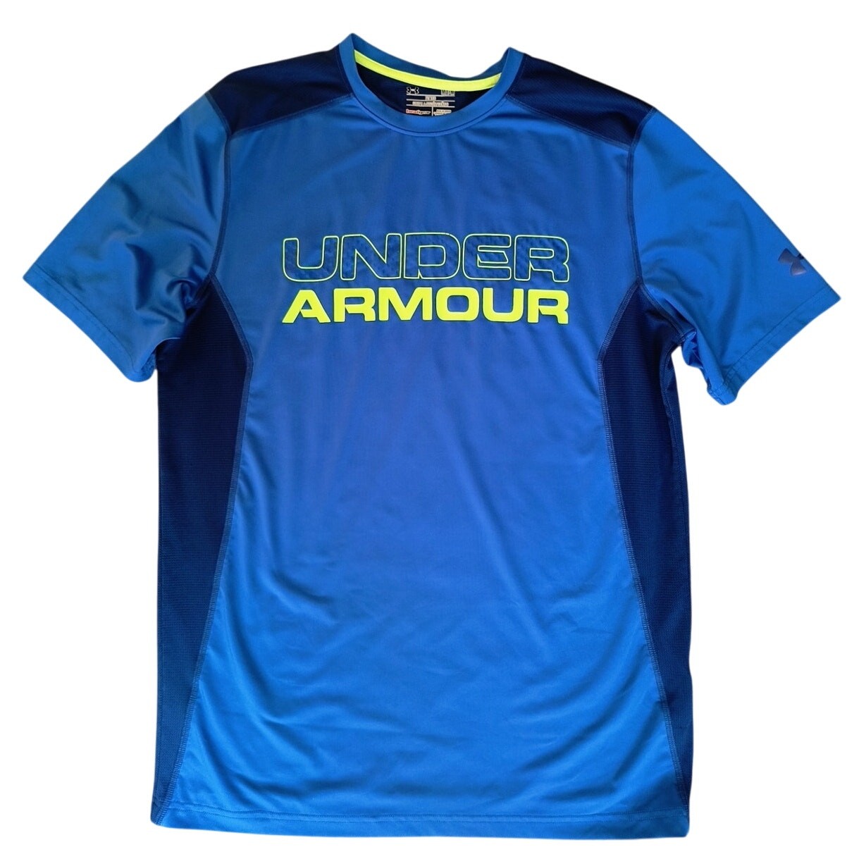 Under Armour Heat Gear Tee Men's Sz M Fitted Blue Short Sleeve Spellout Logo gallery