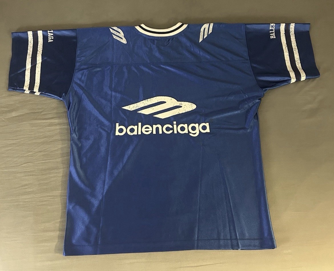 Balenciaga Men's L Blue/White Logo V-Neck Short Sleeve Satin T-Shirt gallery
